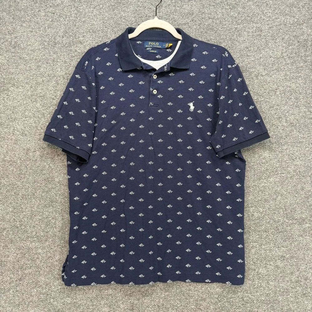 Polo Ralph Lauren Polo Shirt Men Medium Blue Monogram All Over Print Classic Fit